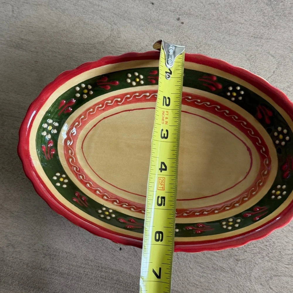Hand Painted Ceramic Oval Serving Bowl Scalloped Rim Floral Folk Art Red Green